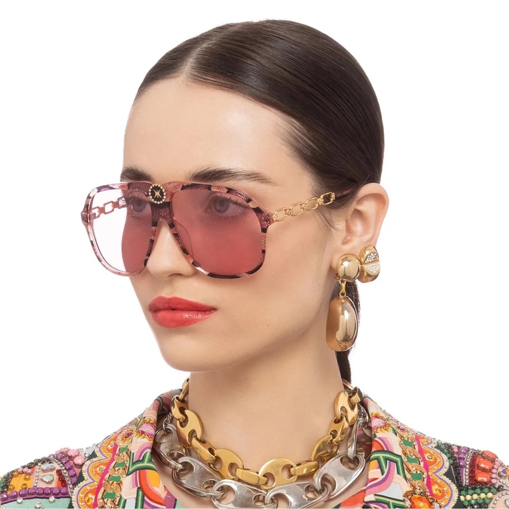 CAMILLA “The Heiress” pink glitter snake oversized aviator gradient sunglasses